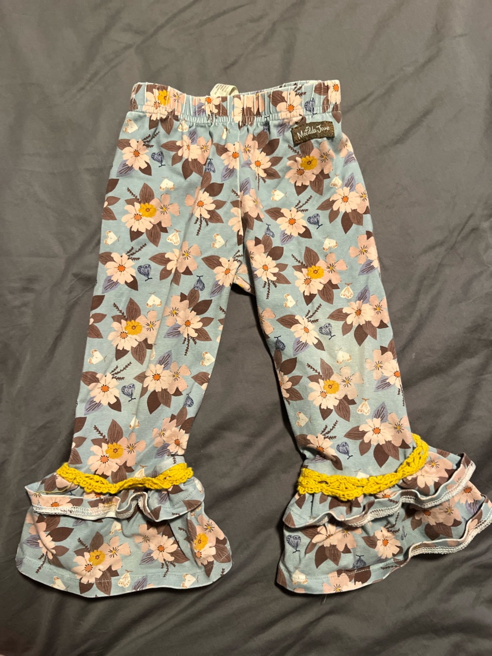 Matilda Jane Light Blue Floral Ruffle Hem Leggings with Yellow Trim